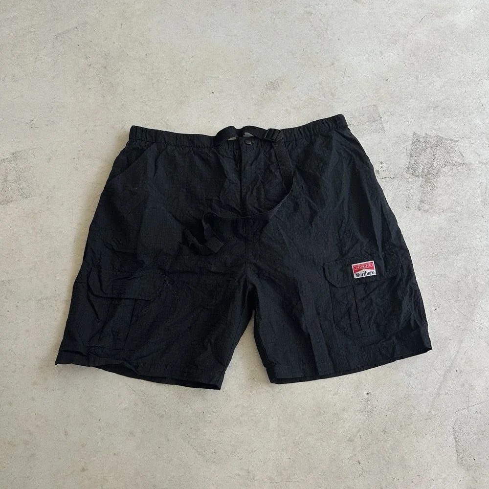 Vintage Marlboro Cargo Shorts Mens 2XL Black Nylon Adjustable Waist Logo Outdoor